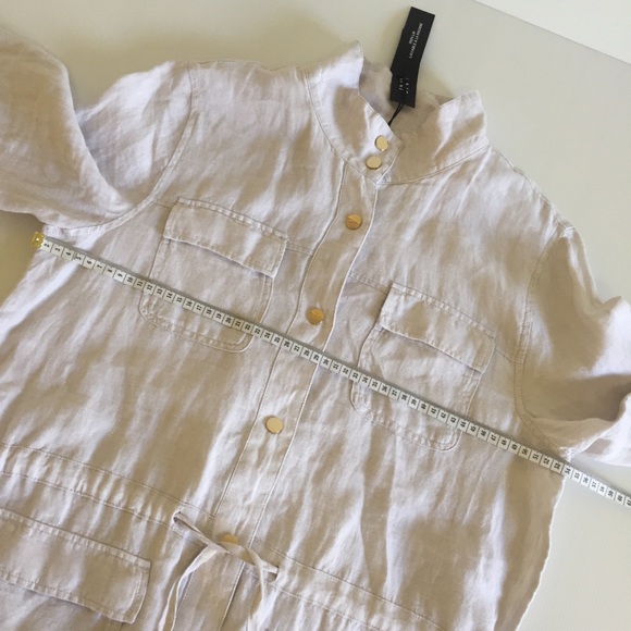 JONES NEW YORK linen womens L long line draw string jacket oatmeal gold tone NEW - Picture 13 of 16